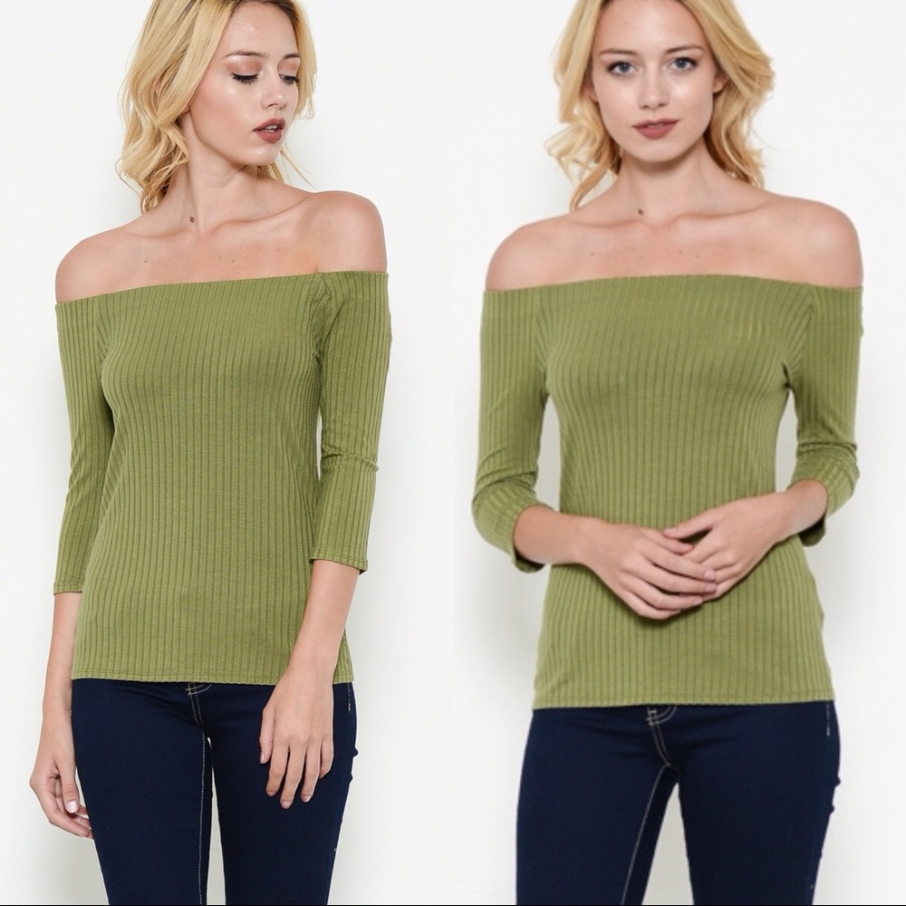 Olive green ribbed off the shoulder top - Picture 1 of 7